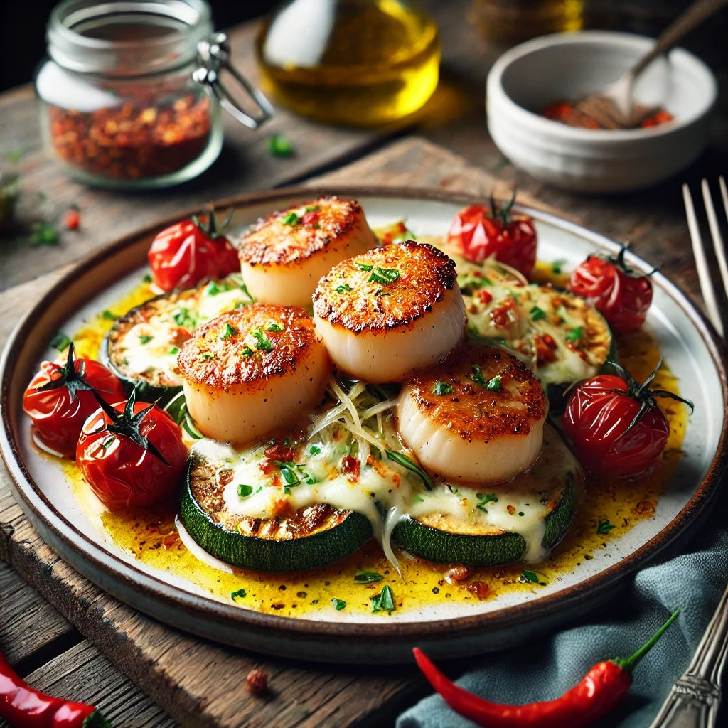 Sautéed Scallops with Baked Zucchini and Grape Tomatoes: A Spicy Twist