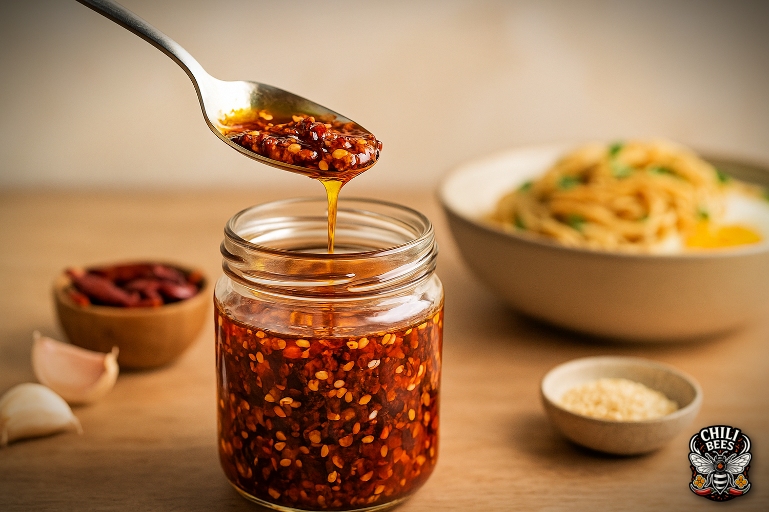 Chili crisp from Chili Bees next to a bowl of noodles.