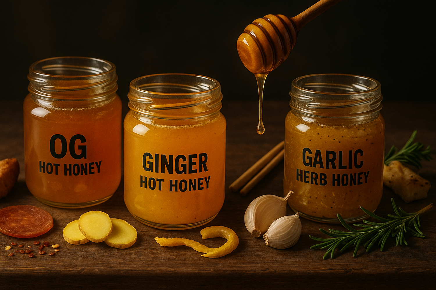Three jars of honey labeled 'OG Hot Honey', 'Ginger Hot Honey', and 'Garlic Herb Honey' on a wooden surface with a honey dipper.