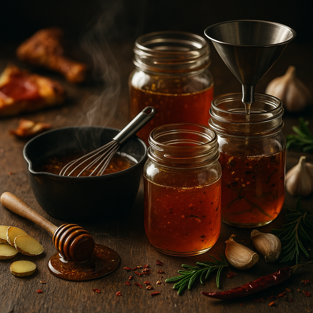 Jars of hot honey on wood table made with Chili Bees.